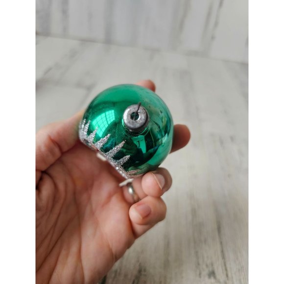 Vintage indent green silver glitter ball ornament reflector Xmas tree - Picture 7 of 9